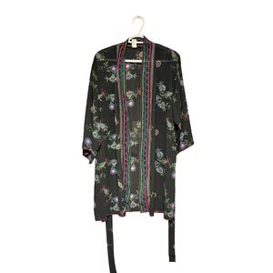 Josie Natori Black Embroidered‎ Floral Kimono Robe Cover Up Tassel Belt Medium